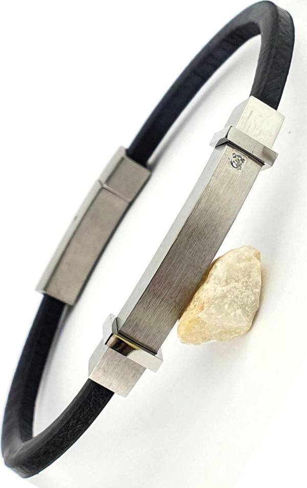 Ose Shop Swarovski Taş Detaylı 316L Çelik Siyah Deri Tarz  Erkek Bileklik - Image 1