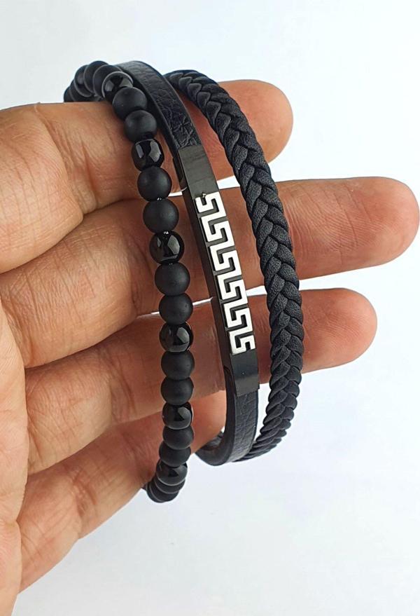 Ose Shop Oniks Taşlı Çelik Detaylı Siyah Derili Erkek Bileklik - Image 1