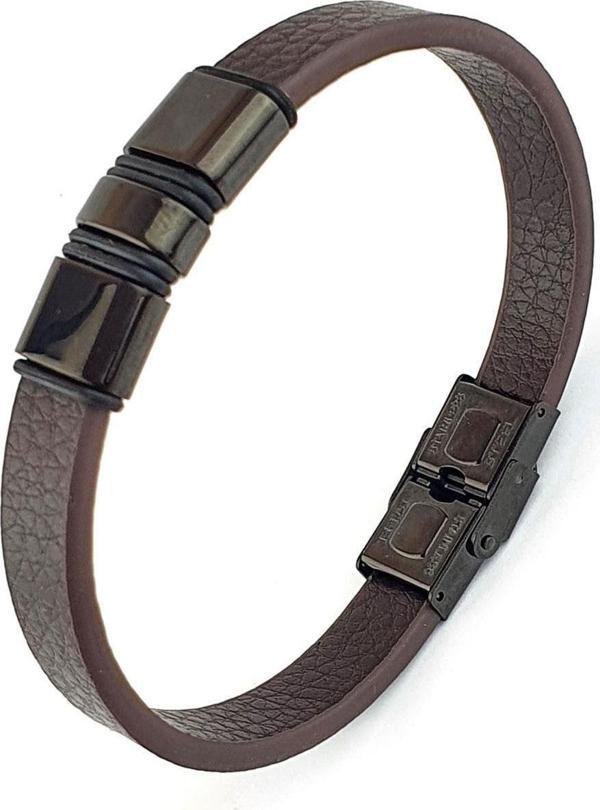 Ose Shop Siyah Çelik Detaylı Kahverengi Derili Tarz Erkek Bileklik - Image 1