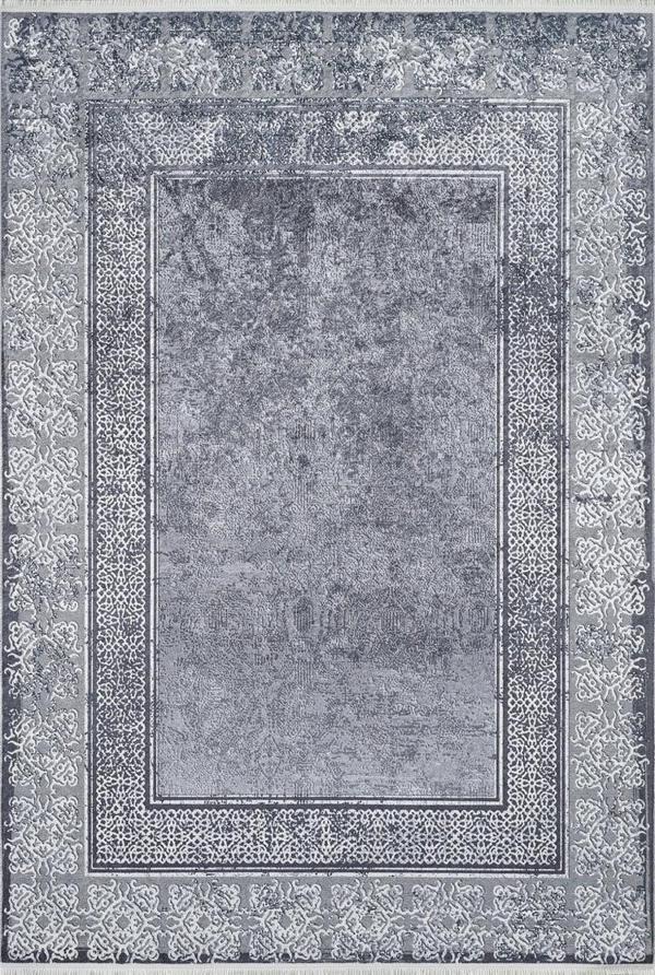 Halı Atölyesi Gri Salon&Yolluk Dijital Baskılı Makinede Yıkanabilir Kaymaz Taban Saçaklı Halı HA408  - Image 1