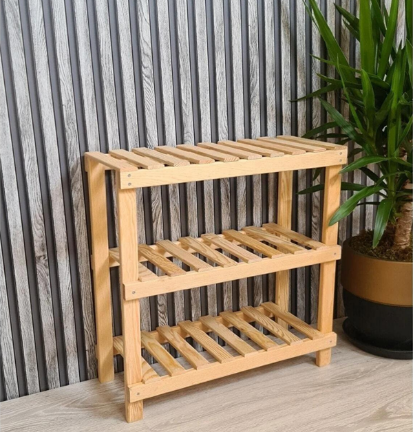 Dekoratif 3'lü Doğal Ahşap Ayakkabılık, Antre, Balkon Düzenleyici Raf - Image 1
