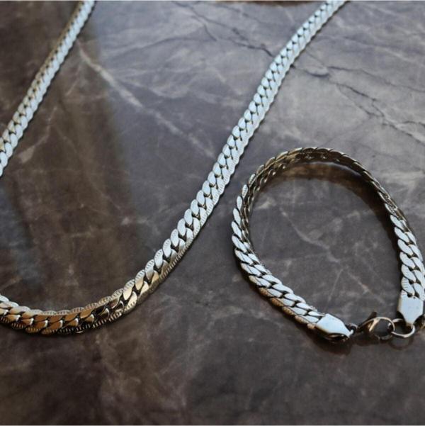 Gümüş Renk Çelik Snake Unisex Kolye & Bileklik Set Vip Solmaz Kararmaz Çelik Set - 3121 - Image 1