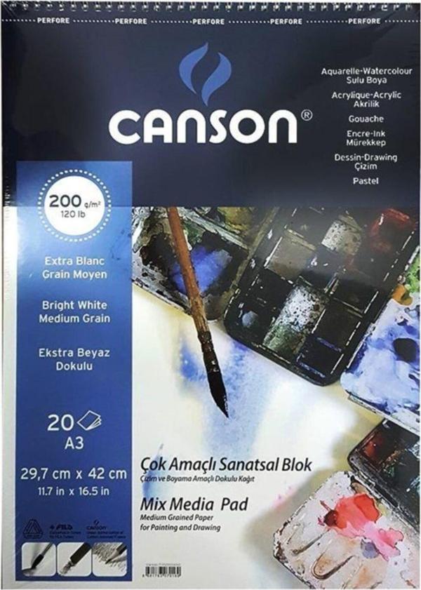 Canson Mix Media Spiralli Çizim Defteri 200g A3 20 Yaprak - Image 1