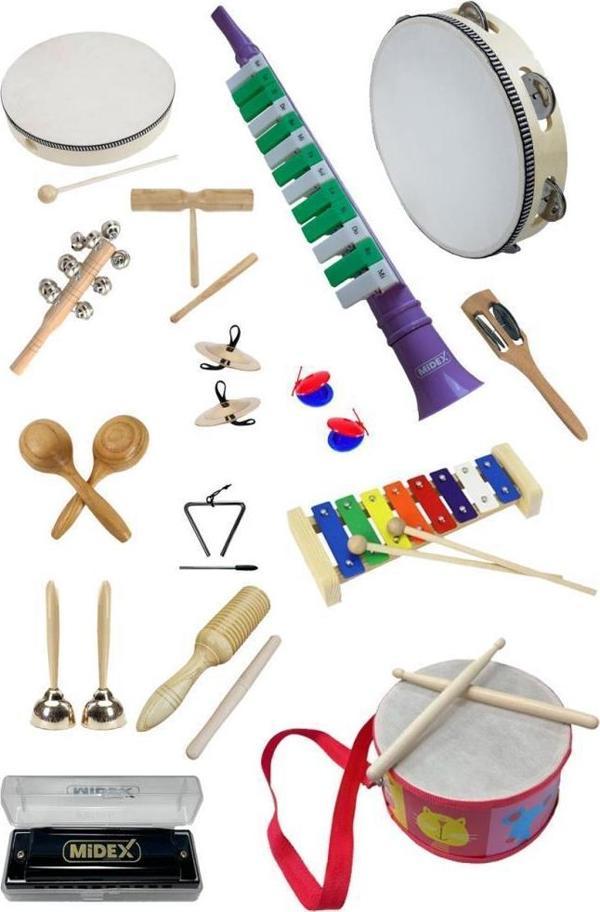 Midex Örf Aletleri Seti Over Paket-1 Marakas Zil Üçgen Ksilofon Melodika Mızıka Davul (15 Parça) - Image 1
