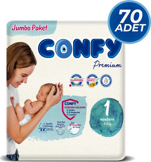 Confy Premium 1 Numara Bebek Bezi Yenidoğan 2 - 5 Kg 70 Adet - Image 1