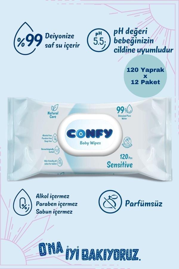 Confy Sensitive Bebeklere Özel Islak Mendil 12x120 - 1140 Yaprak - Image 1