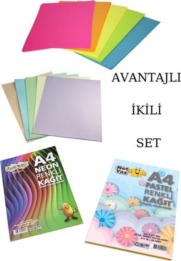 Notyaz SET Neon Renkli Kağıt (100 yaprak) ve Pastel Renkli Kağıt (50 yaprak) A4 ebat - Image 1
