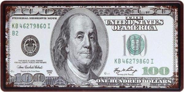 Vintage Benjamin Franklin Dollar Metal Plaka Levha 15X30 cm - Image 1
