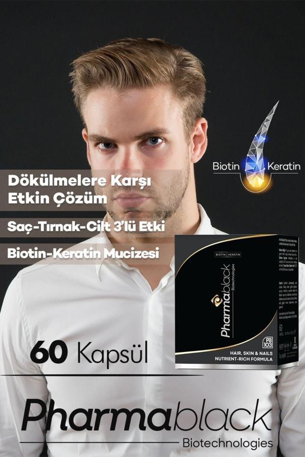 Pharmablack Saç Dökülmelerine Karşı Biotin & Keratin Vitamin Complex 60 Kapsül- 23 Etken Madde/ 2 Aylık Doz - Image 1