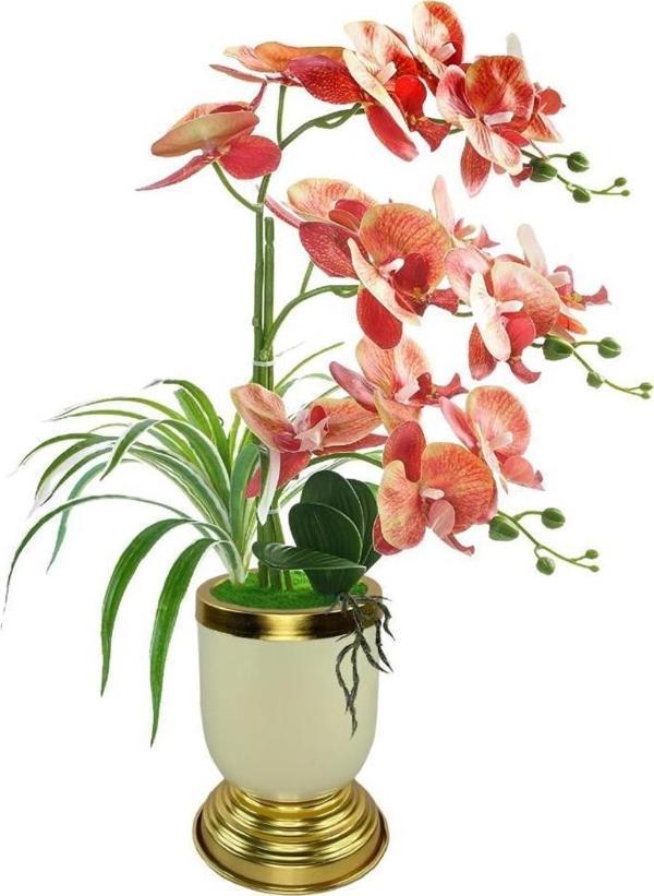 Netten Evime Yapay Çiçek 3lü Somon Orkide Metal Krem Gold Saksıda Orkide 60cm - Image 1