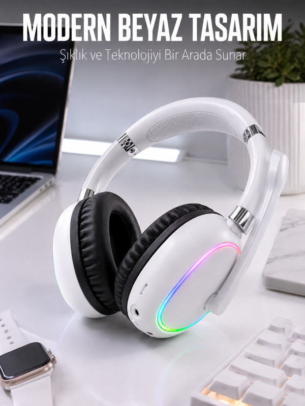 Marsilyan Kablosuz Bluetooth Mikrofonlu Beyaz Kulaklık RGB Işıklı