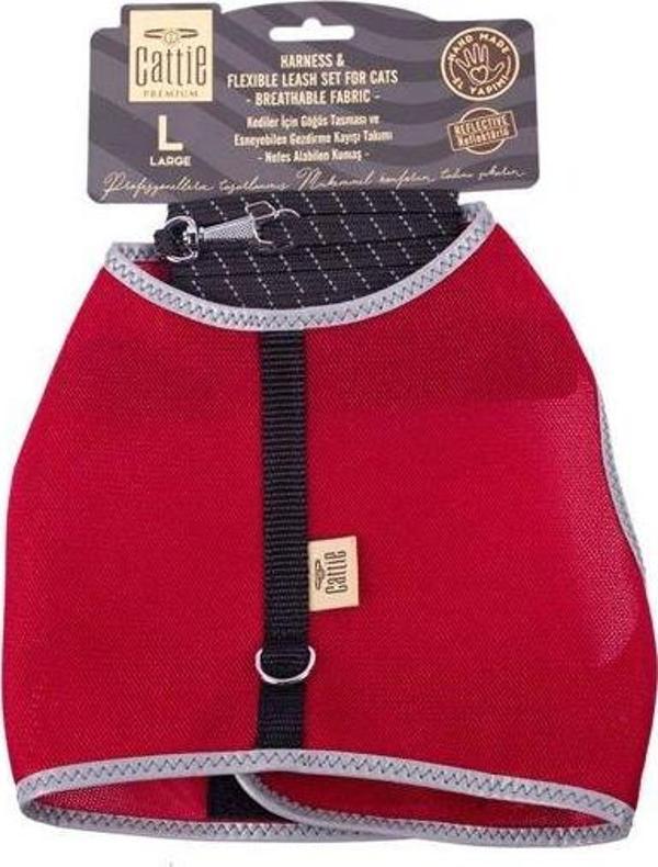 Cattie Havalı Dokuma Kedi Göğüs ve Gezdirme Takımı Large Kırmızı 1.5x30-40 Cm - Image 1