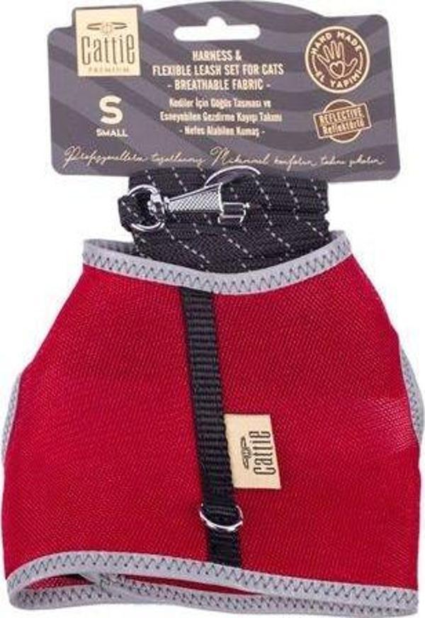 Cattie Havalı Dokuma Kedi Göğüs ve Gezdirme Takımı Small Kırmızı 1x20-30 Cm - Image 1