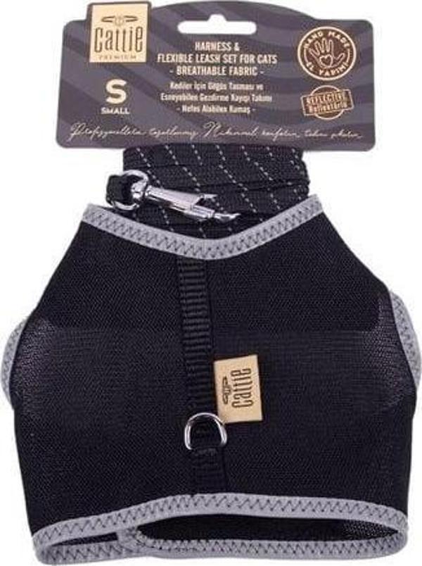 Cattie Havalı Dokuma Kedi Göğüs ve Gezdirme Takımı Small Siyah 1x20-30 Cm - Image 1