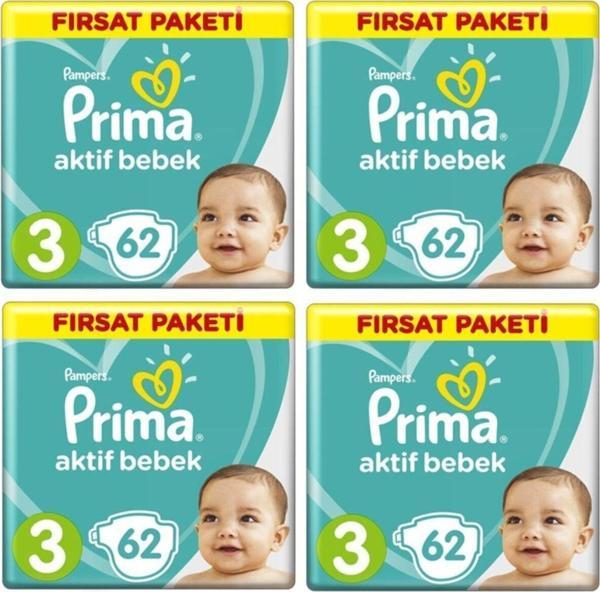 Prima Bebek Bezi Aktif Bebek 3 Beden 62 X 4 Lü 248 Adet Fırsat Paketi - Image 1