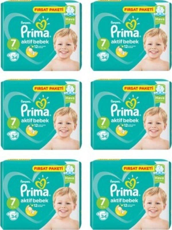 Prima Bebek Bezi Aktif Bebek 7 Beden 34 Adet 6'lı Paket 204 Adet - Image 1