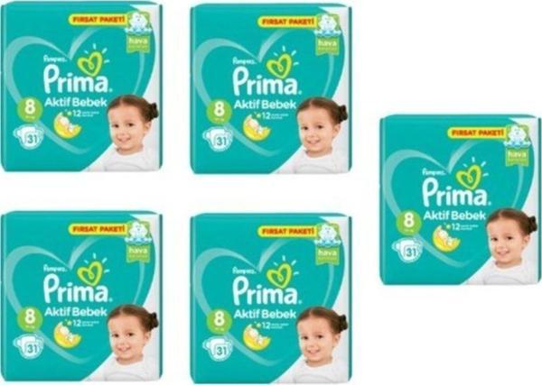 Prima Bebek Bezi Aktif Bebek 8 Beden 31 Adet 5'li Paket 155 Adet - Image 1