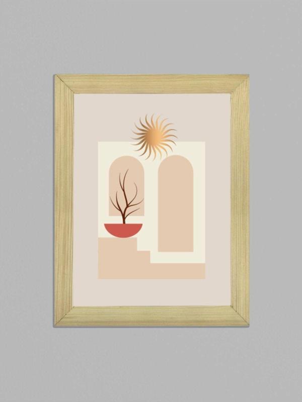 Tuable Boho Güneş Yaprak Çizimi Çerçeveli Ahşap Poster Tablo - Image 1