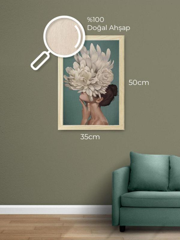 Tuable Çiçek Desenli Kadın Ahşap Çerçeveli Ahşap Dokulu Yeşil Beyaz Tablo - Image 1