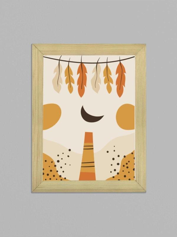 Tuable Dekoratif Ay, Yaprak, Desenler Çizimi Çerçeveli Ahşap Poster Tablo - Image 1