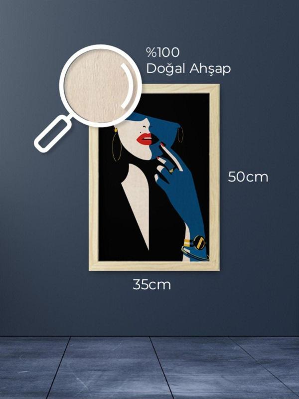 Tuable Gizemli Kadın Minimal Çizim Ahşap Çerçeveli Ahşap Dokulu Siyah Lacivert Tablo - Image 1