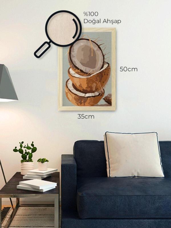 Tuable Soyut Hindistan Cevizi Meyvesi Ahşap Çerçeveli Ahşap Dokulu Turuncu Kahverengi Mavi Tablo - Image 1