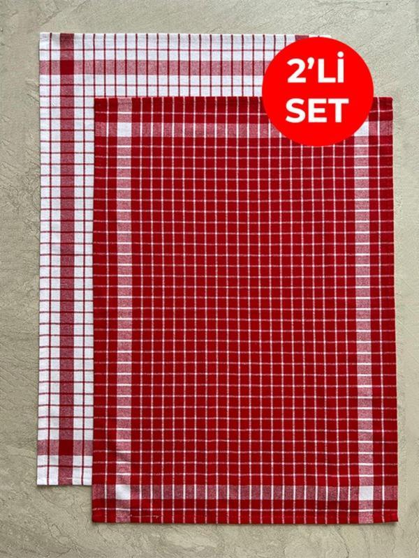 Tuable Kareli 2'li Mutfak Kurulama Bezi Set Kırmızı/Beyaz - Image 1