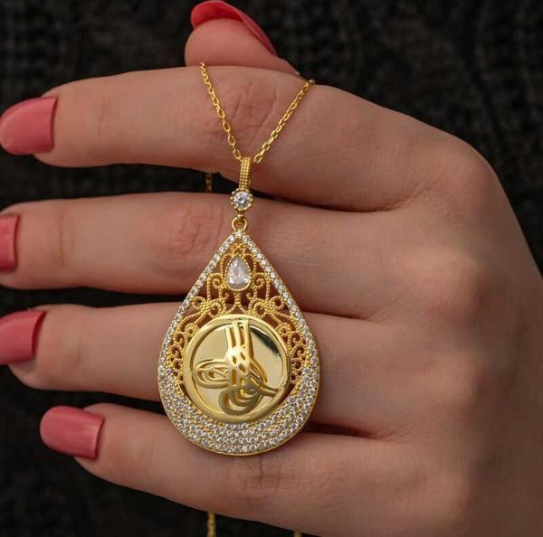 Gümüş Gold Kaplama Damla Tuğralı Kadın Kolye - Image 1