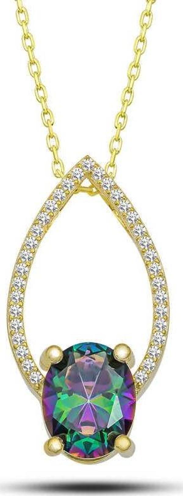 Gümüş Gold Oval Mistik Topaz Taşlı Damla Kadın Kolye - Image 1