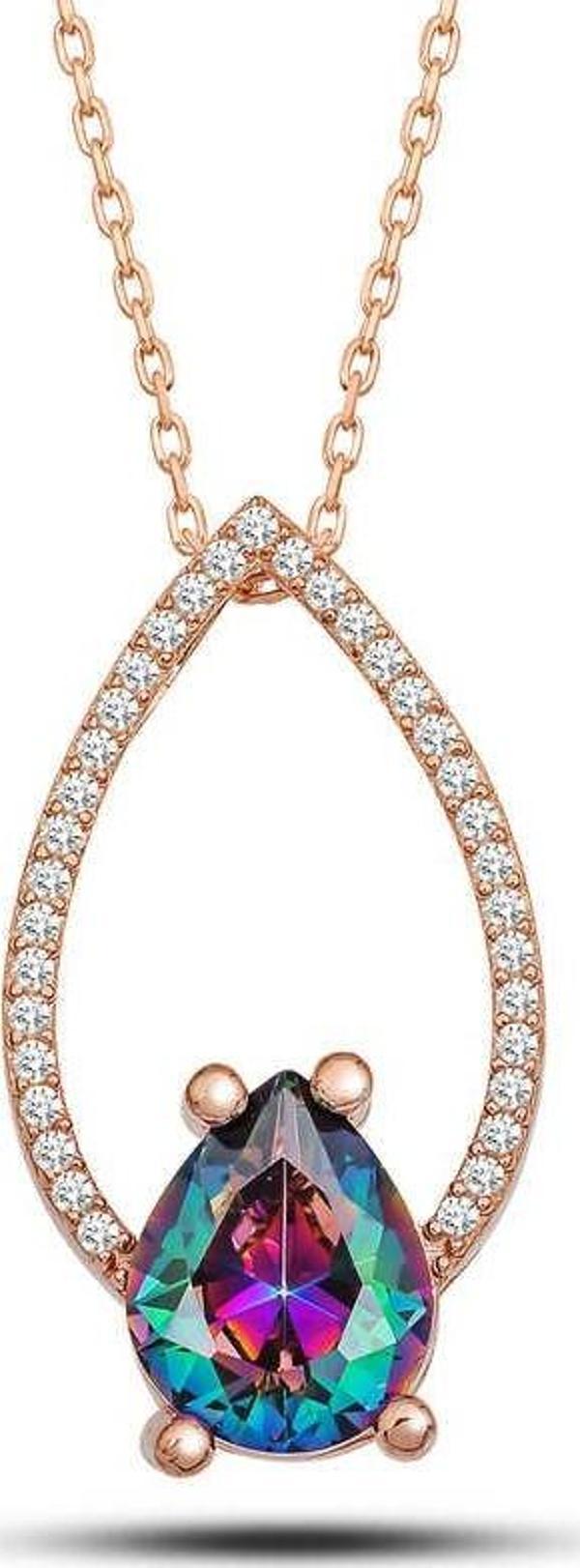 Gümüş Rose Mistik Topaz Taşlı Damla Kadın Kolye - Image 1