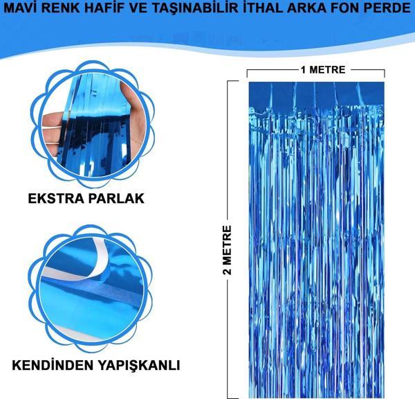 Mavi Renk Ekstra Metalize Parlak Saçaklı Arka Fon Perde İthal A Kalite 1x2 Metre - Image 1