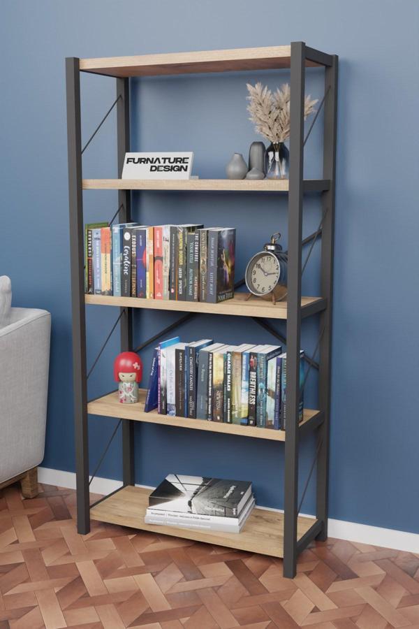 Cmkstore Metal Kitaplık 5 Raflı Dekoratif Kitaplık - Atlantik Çam - Image 1