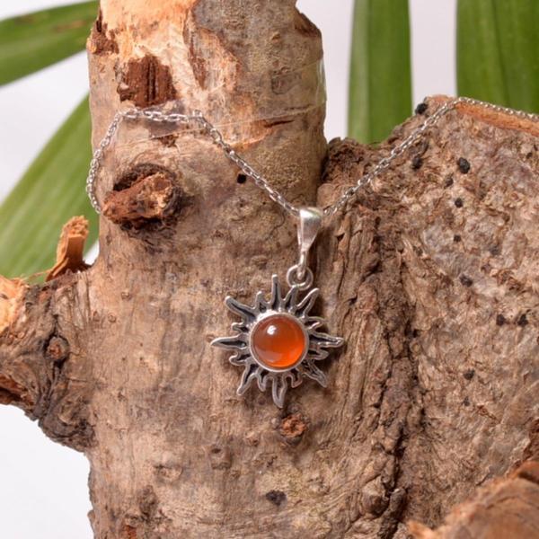 Güneş Şeklinde Akik Taşı Gümüş Kolye - Küçük Boy - Image 1