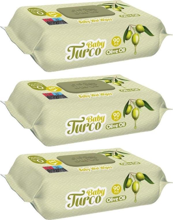 Baby Turco Islak Havlu Mendil 90 Yaprak Zeytinyağlı 3 Lü Set 270 Yaprak Plastik Kapaklı - Image 1