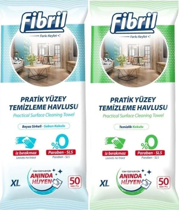 Fibril Yüzey Temizlik Havlusu 50 Yaprak XL Karma 2 Li Set Beyaz Sirke-Sabun-Temizlik Kokulu 100 Yp - Image 1