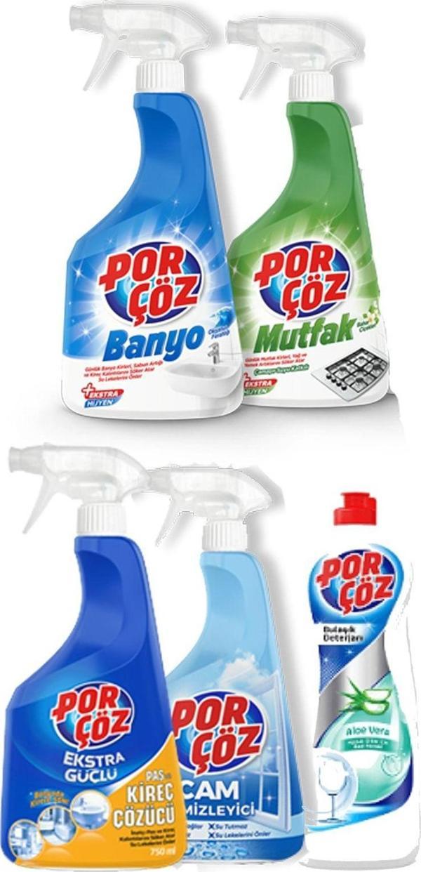 Porçöz 5'li Temizlik Seti Banyo, Mutfak, Pas Ve Kireç, Cam Temizleyici, Bulaşık Deterjanı - Image 1