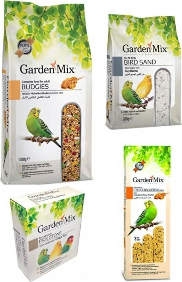 Garden Mix Muhabbet Kuşu Bakım Seti 4'lü Ballı Kuş Yemi 1 Kg - Gaga Taşı-ballı Kuş Krakeri-kuş Kumu - Image 1