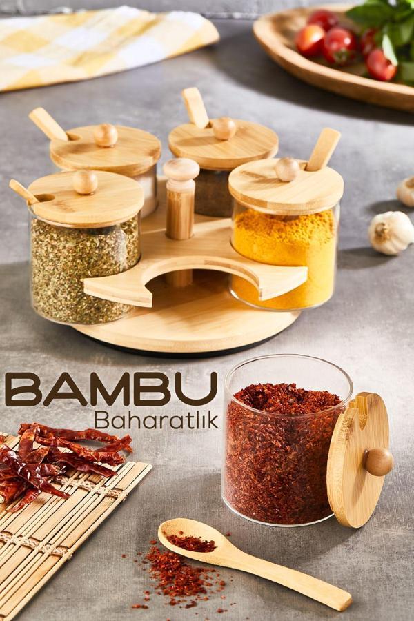 Vienev 5li Bambu Standlı ve Kaşıklı Cam Baharatlık - Image 1