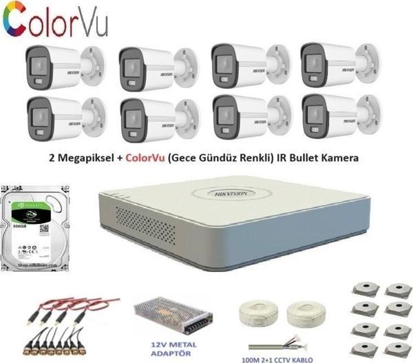 Hikvision 2mp 8 kameralı Dış ortam AHD HD-TVI ColorVu Gece Renkli Kamera Seti 500GB Disk - Image 1