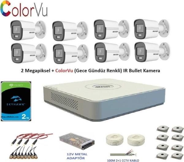 Hikvision 2mp 8 kameralı Dış ortam AHD HD-TVI ColorVu Gece Renkli Kamera Seti 2TB Disk - Image 1
