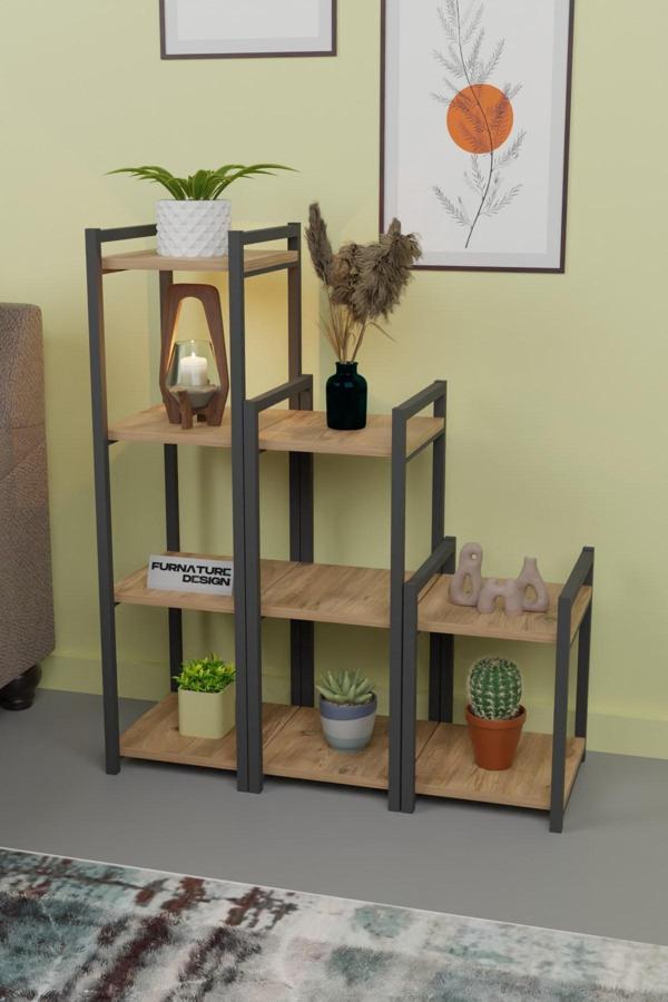 Metal Dekoratif Çok Amaçlı Raf 9 Raflı Banyo Mutfak Rafı Çiçeklik Organizer Atlantik Çam - Image 1