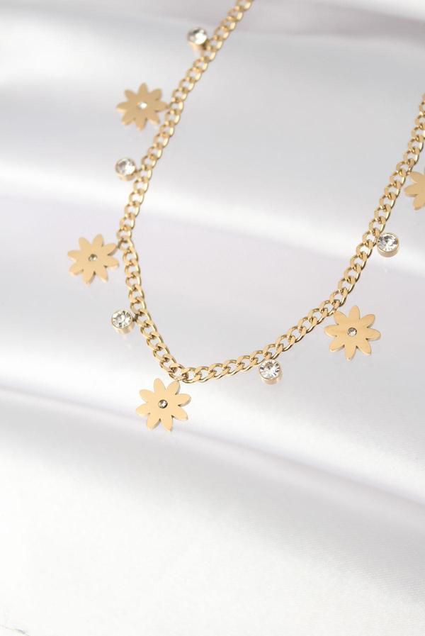 316L Çelik Taşlı Gold Renk Çoklu Çiçek Kolye - EBJ240521W24235 - Image 1