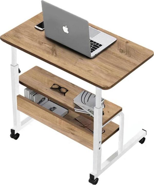 sekizincicaddedizayn Yükseklik Ayarlı Ve Çift Raflı Laptop Sehpası Ve Çalışma Masası - Çam Beyaz (Tekerli) 70x40 - Image 1