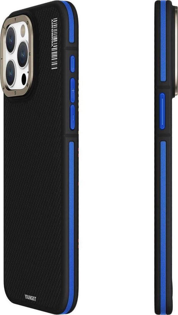 Youngkit İphone 15 Pro Max Uyumlu Kılıf Magsafe Şarj Özellikli Youngkit 600D Kevlar Kapak Mavi - Image 1