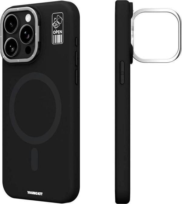 Youngkit İphone 14 Pro Max Kılıf Magsafe Özellikli Kamera Standlı Silikon Youngkit Bitty Cream Kapak Siyah - Image 1