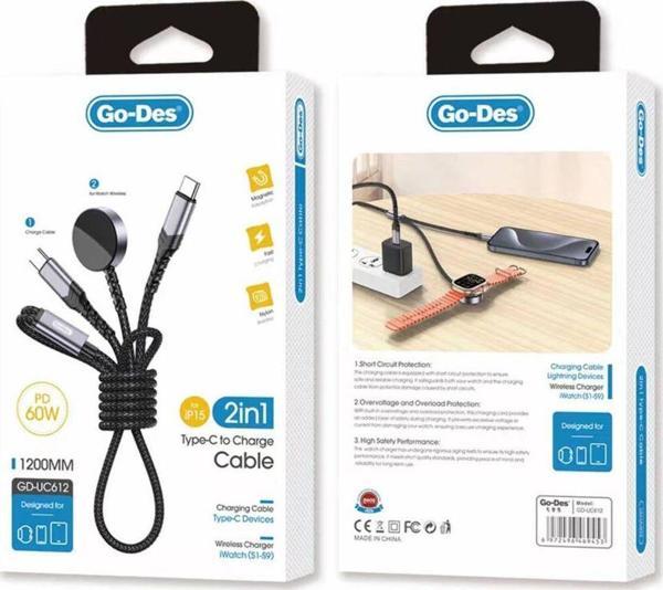 Go-Des İos Watch Uyumlu Wireless Type-C Pd Hızlı Şarj Kablosu Go Des Gd-Uc612 2İn1 60W 1.2M Siyah - Image 1