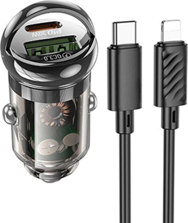 Polham HC 30W 1xType-C 1xUSB Girişli 1mt 20W Type-C to iPhone Kablolu Araç Çakmaklık Hızlı Şarj Aleti - Image 1