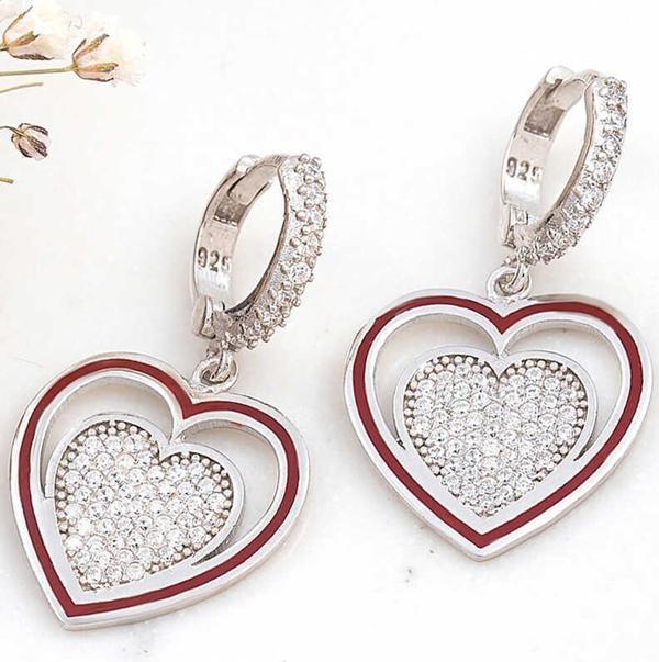 ​Gümüş Sallantılı Kalp Kadın Küpe - Image 1