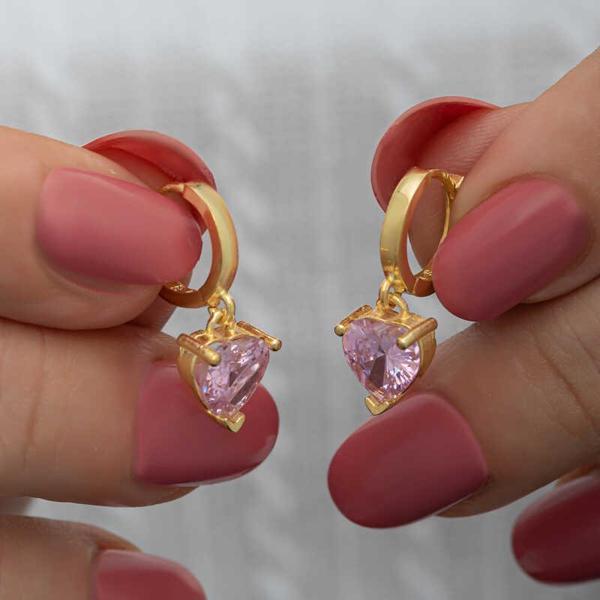 Gümüş Gold Pembe Taşlı Kalpli Kadın Küpe - Image 1
