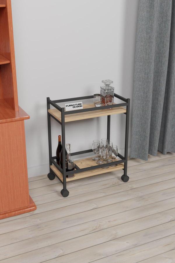 Servis Sunum Arabası Ev Tipi Iki Katlı Şişe Bölmeli Servant Bar Cart Atlantik Çam - Image 1